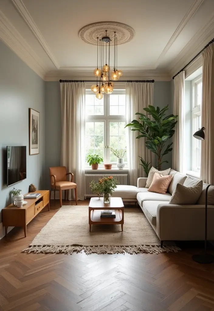 29 Small Living Room Decorating Ideas That Feel Bigger Instantly - 10. Light Up the Ceiling