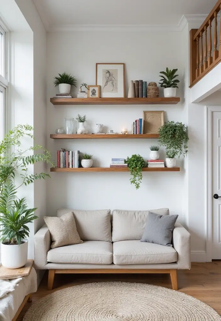 29 Small Living Room Decorating Ideas That Feel Bigger Instantly - 4. Floating Shelves for Display