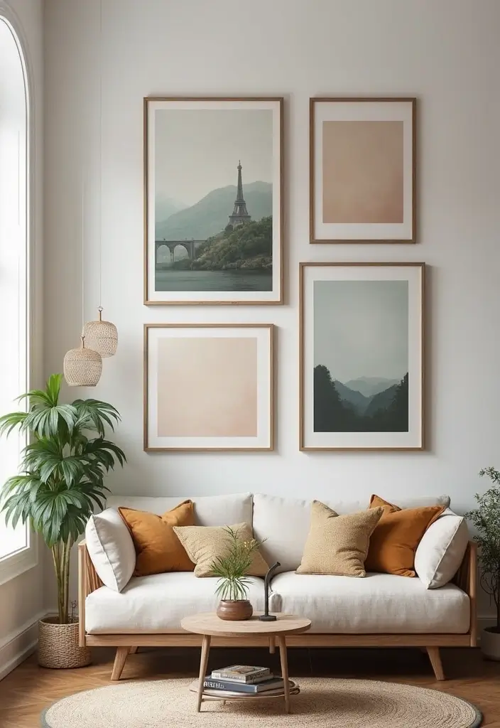 29 Small Living Room Decorating Ideas That Feel Bigger Instantly - 7. Vertical Wall Art Displays