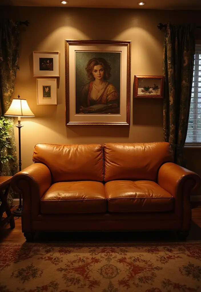 29 Tan Leather Sofa Living Room Ideas That Feel Elegant and Timeless - 13. Layered Lighting