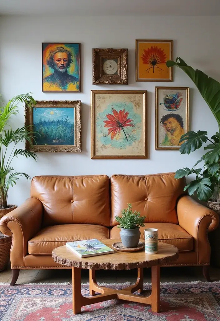 29 Tan Leather Sofa Living Room Ideas That Feel Elegant and Timeless - 16. Artistic Flair