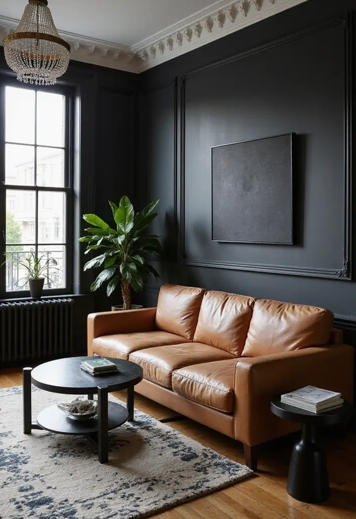 29 Tan Leather Sofa Living Room Ideas That Feel Elegant and Timeless - 17. Timeless Black and White Theme