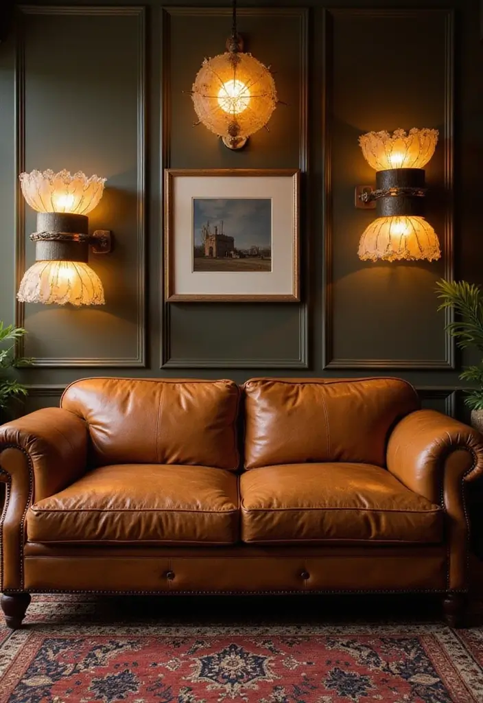 29 Tan Leather Sofa Living Room Ideas That Feel Elegant and Timeless - 18. Statement Lighting