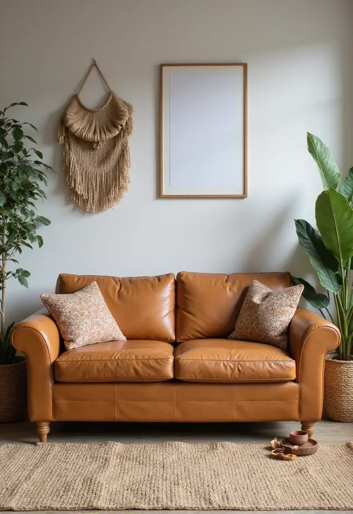 29 Tan Leather Sofa Living Room Ideas That Feel Elegant and Timeless - 2. Earthy Tones with Nature Elements