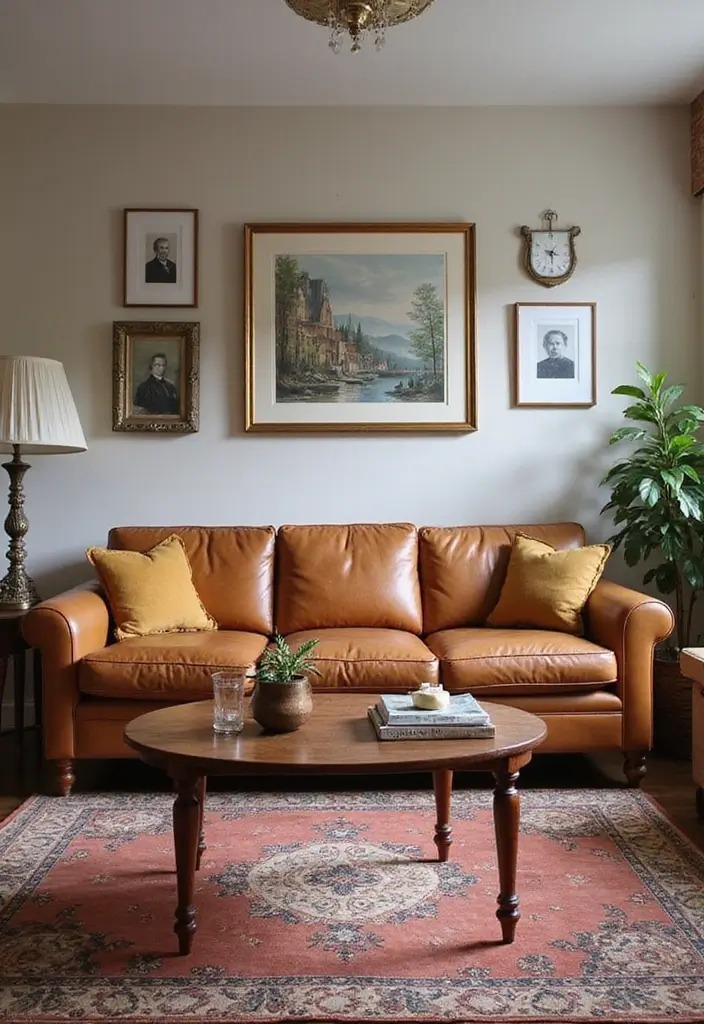 29 Tan Leather Sofa Living Room Ideas That Feel Elegant and Timeless - 23. Family Heirloom Pieces