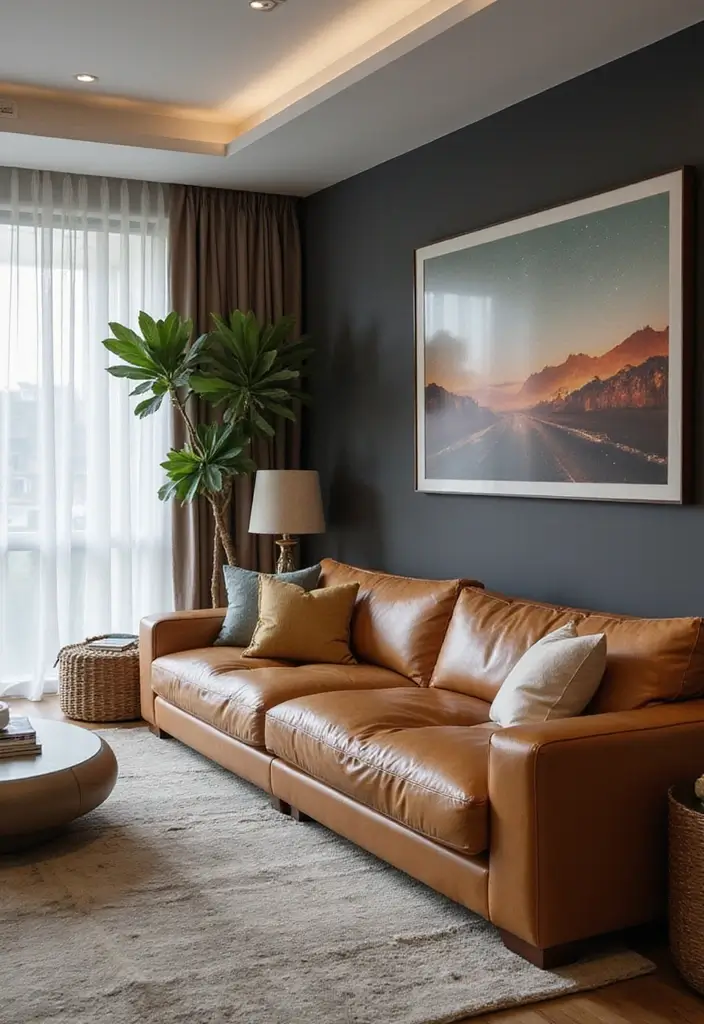 29 Tan Leather Sofa Living Room Ideas That Feel Elegant and Timeless - 24. Smart Technology Integration