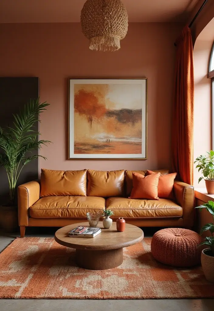29 Tan Leather Sofa Living Room Ideas That Feel Elegant and Timeless - 25. Warm Color Schemes