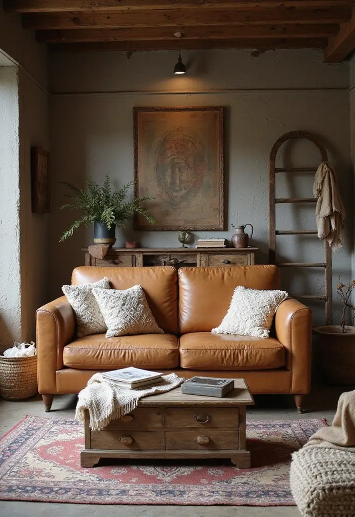 29 Tan Leather Sofa Living Room Ideas That Feel Elegant and Timeless - 4. Rustic Charm