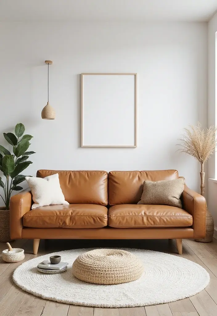 29 Tan Leather Sofa Living Room Ideas That Feel Elegant and Timeless - 5. Chic Scandinavian Vibes