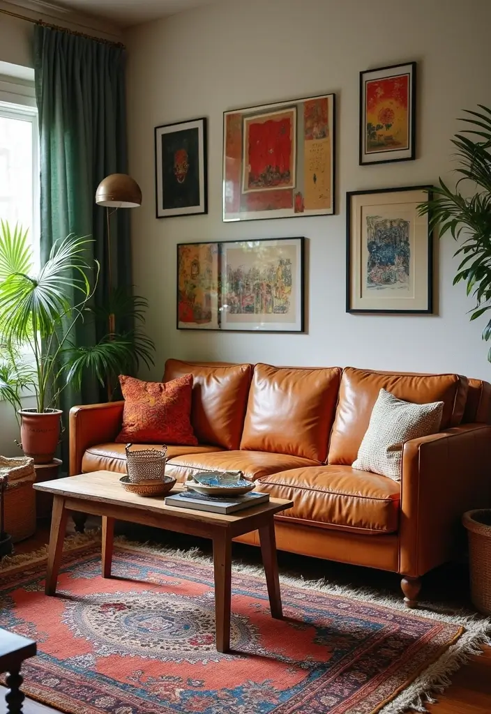 29 Tan Leather Sofa Living Room Ideas That Feel Elegant and Timeless - 9. Eclectic Fusion