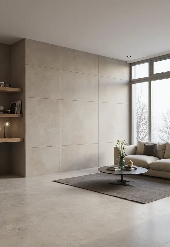 29 Tiles on Wall Living Room Ideas That Add Texture and Personality - 22. Large Format Tiles