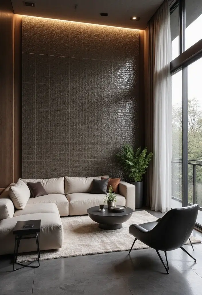 29 Tiles on Wall Living Room Ideas That Add Texture and Personality - 25. Textured Glass Tiles