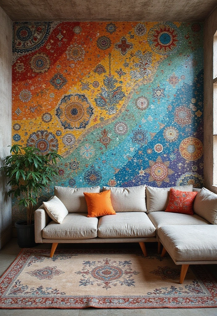 29 Tiles on Wall Living Room Ideas That Add Texture and Personality - 6. Mosaic Tile Art