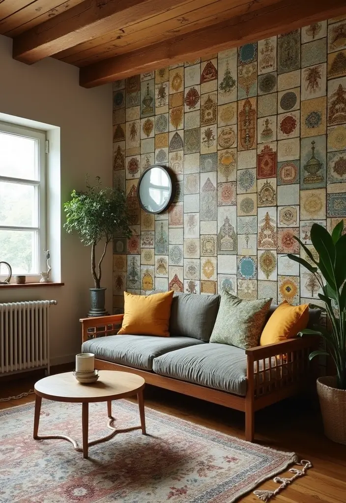 29 Tiles on Wall Living Room Ideas That Add Texture and Personality - 7. Vintage Patterned Tiles