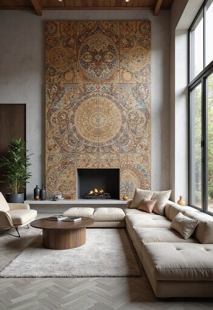 29 Tiles on Wall Living Room Ideas That Add Texture and Personality - 8. Artistic Glazed Tiles
