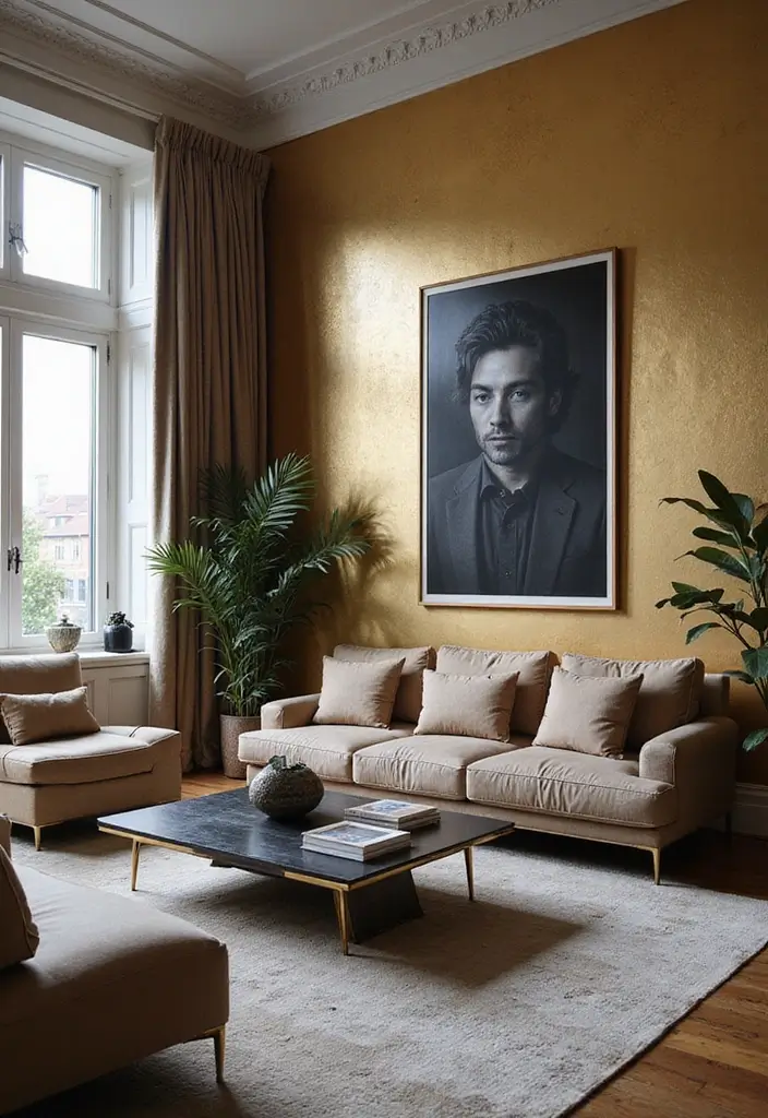 29 Wall Painting Ideas Creative Living Room Styles That Add Personality - 14. Reflective Surfaces with Metallic Paint