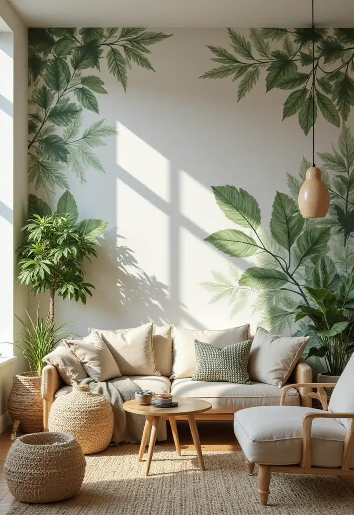 29 Wall Painting Ideas Creative Living Room Styles That Add Personality - 16. Nature Motifs with Leafy Patterns