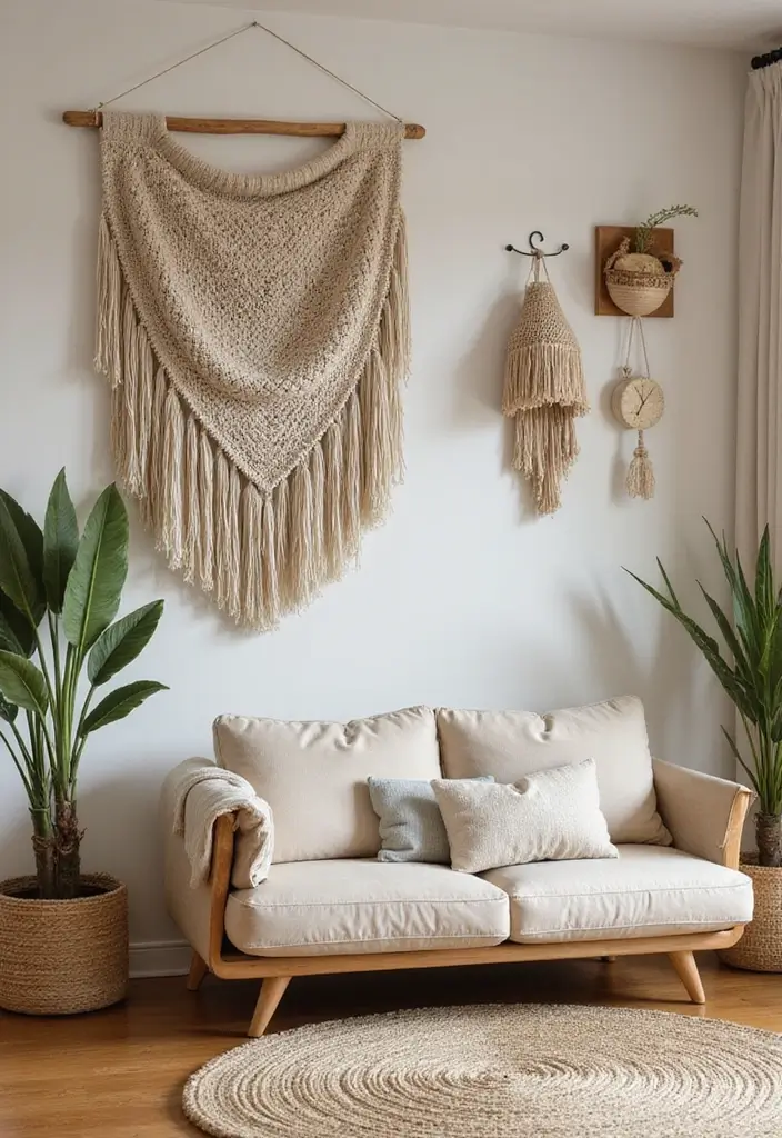 29 Wall Painting Ideas Creative Living Room Styles That Add Personality - 28. Natural Fiber Wall Hanging