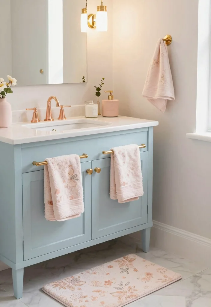 14 Blue Vanity Bathroom Ideas With Fresh Colour - 12. Soft Blush and Blue 1