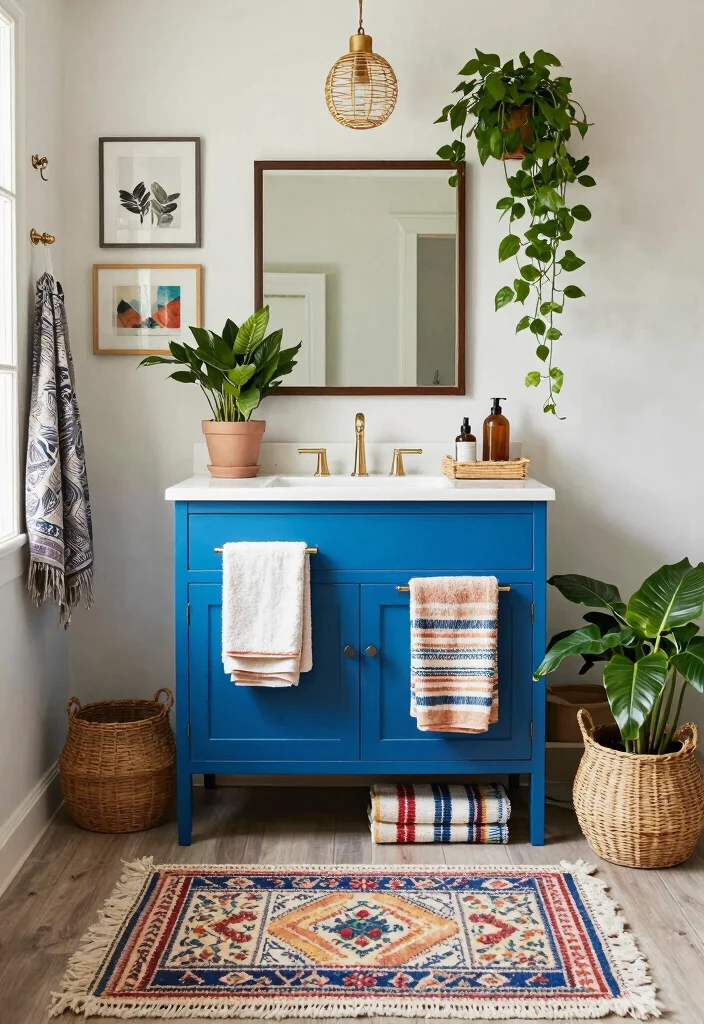 14 Blue Vanity Bathroom Ideas With Fresh Colour - 14. Eclectic Boho Blue 1