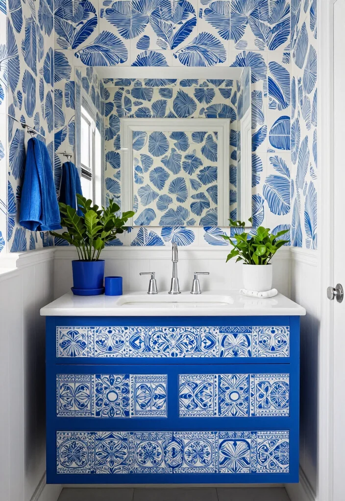 14 Blue Vanity Bathroom Ideas With Fresh Colour - 9. Playful Patterned Vanities 1