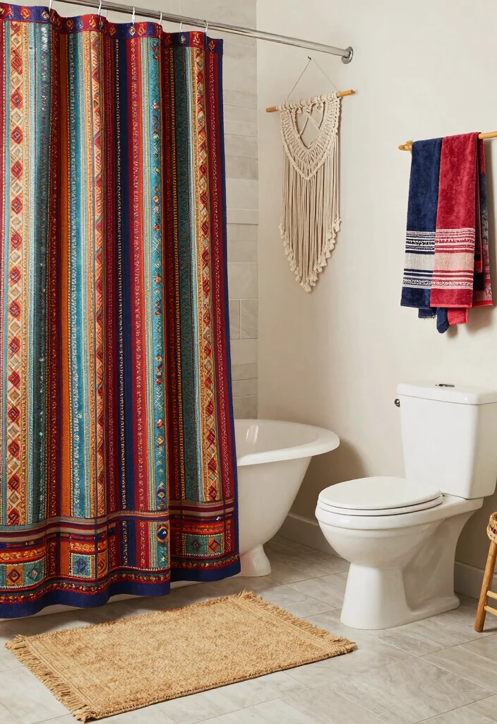 14 Desert Bathroom Decor Ideas With Earthy Style - 4. Bohemian Textiles 1
