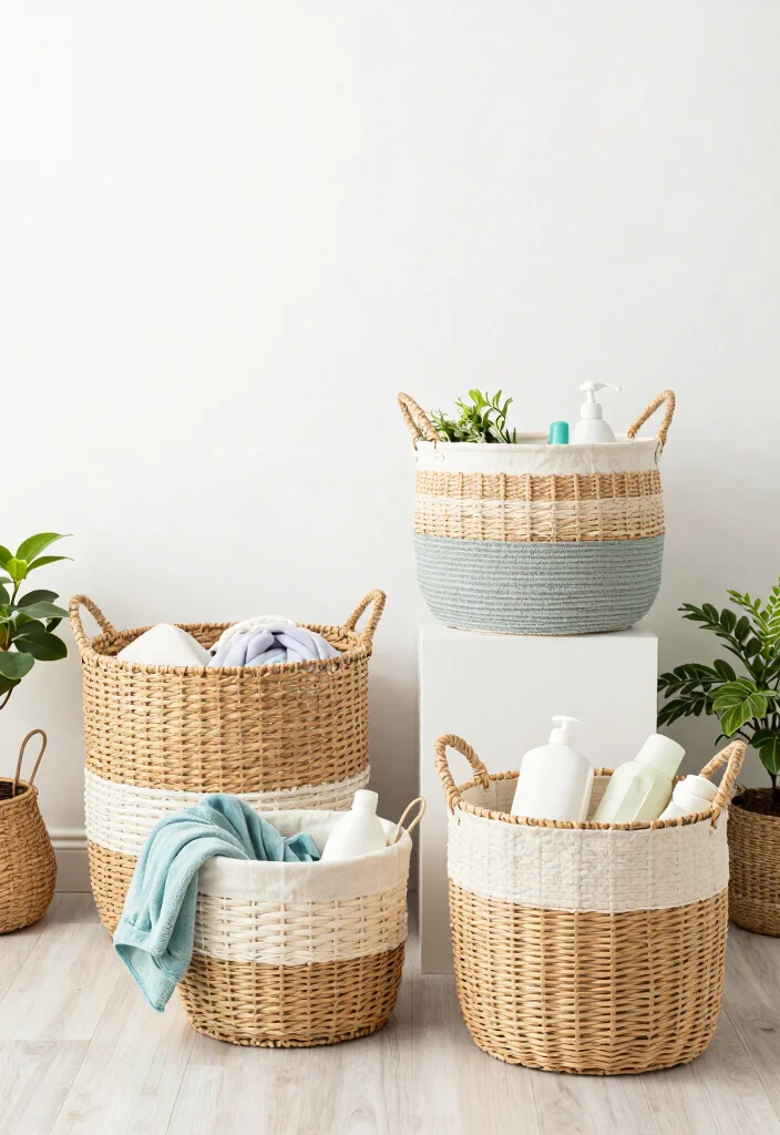 14 Small Bathroom With Washing Machine Ideas That Actually Work - 7. Stylish Baskets for Laundry Organization 1