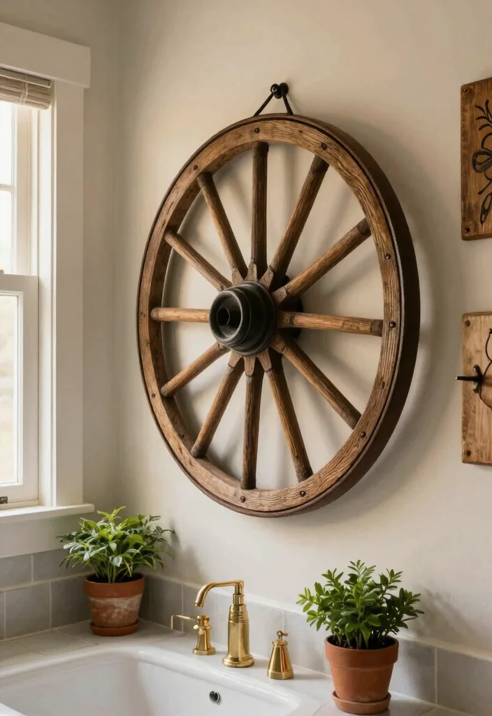 14 Western Bathroom Decor Ideas With Rustic Flair - 9. Wagon Wheel Decor 1