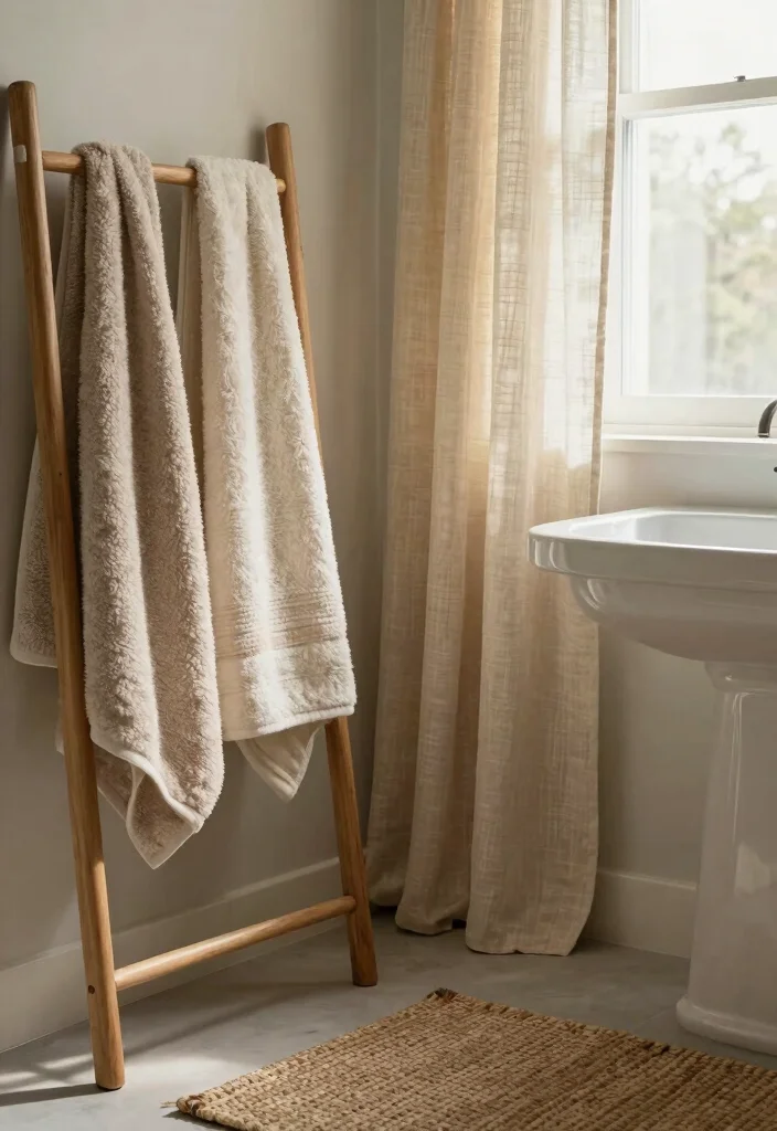 15 Bathroom Earth Tone Ideas With Cozy Balance - 5. Textured Fabrics 1