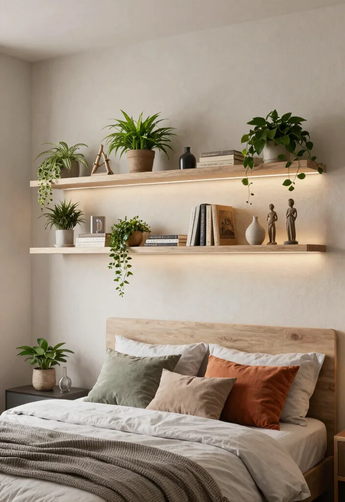 15 Bedroom With Chimney Wall Ideas: Cozy Architectural Charm - 6. Incorporate Floating Shelves for Functionality 1