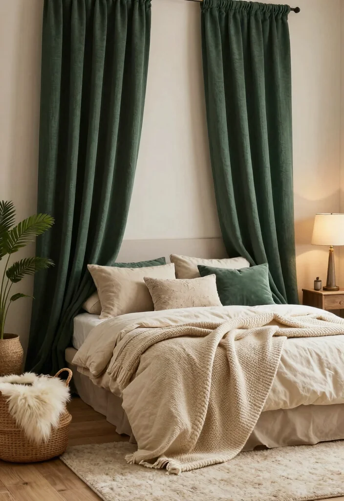 15 Dark Green Curtains Bedroom Ideas for a Cozy, Dramatic Touch - 1. Layered Textures for Cozy Appeal 1