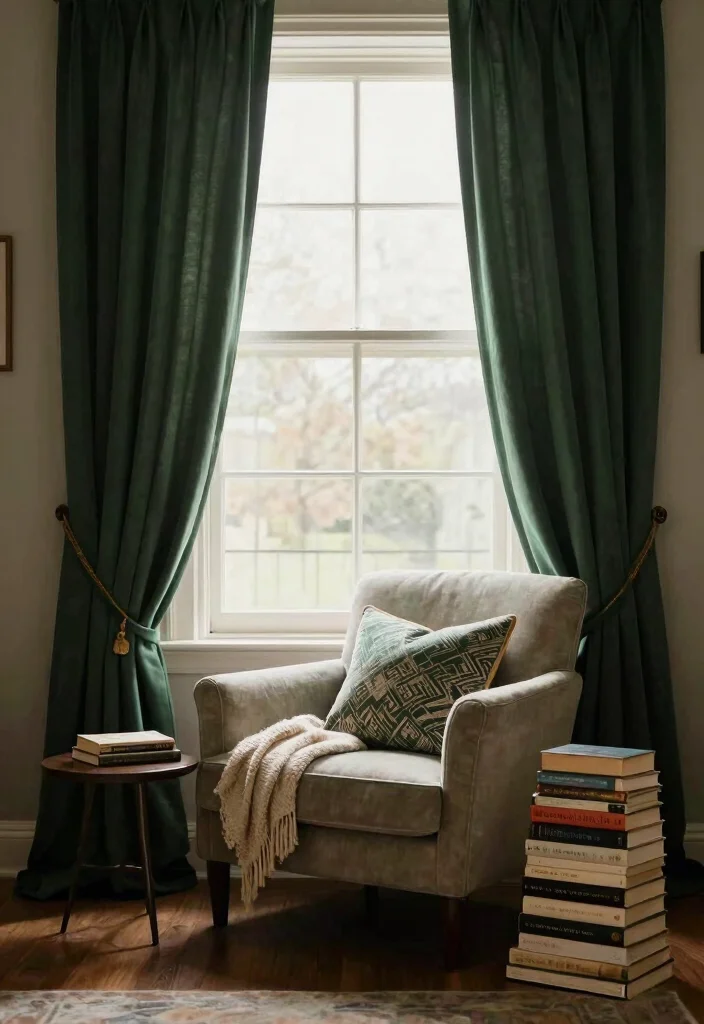 15 Dark Green Curtains Bedroom Ideas for a Cozy, Dramatic Touch - 13. Cozy Reading Nook with Dark Green Accents 1