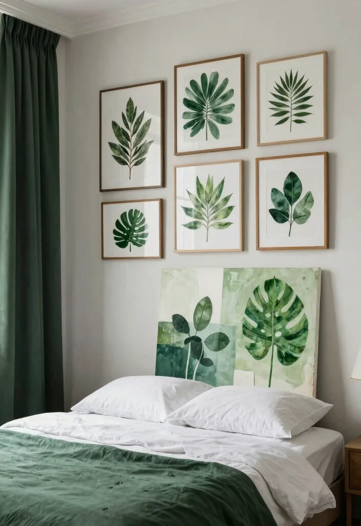 15 Dark Green Curtains Bedroom Ideas for a Cozy, Dramatic Touch - 14. Creative Use of Dark Green Art Prints 1