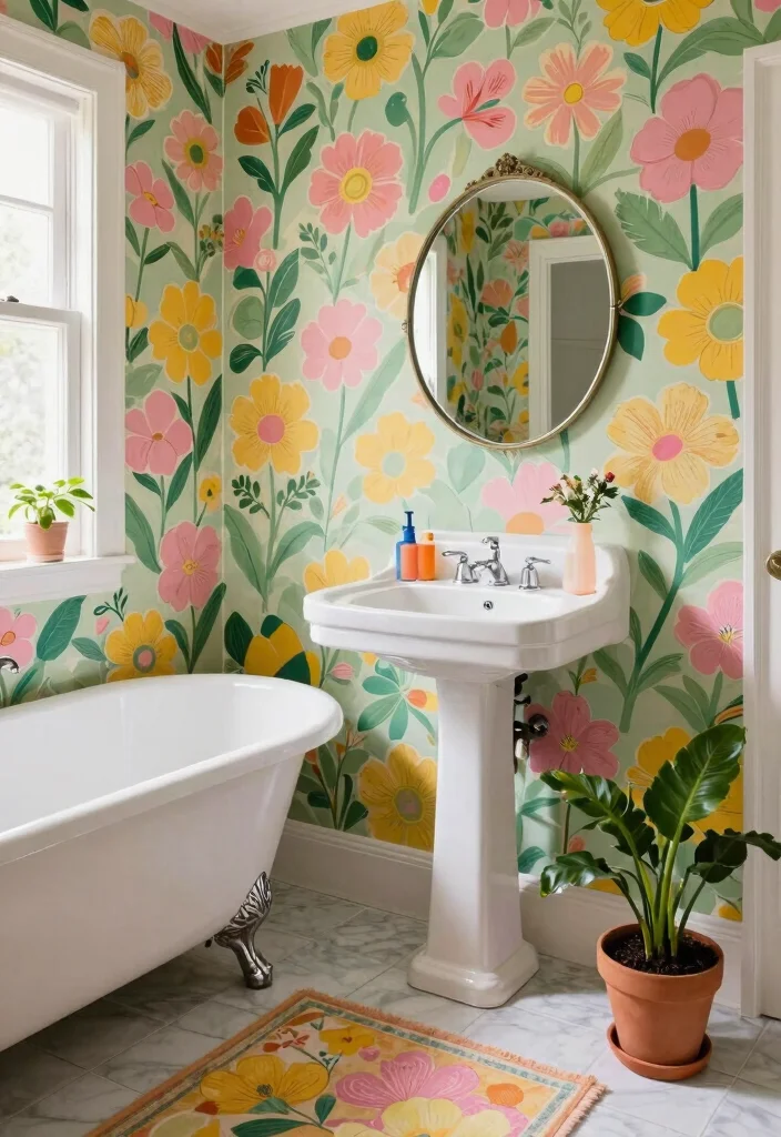 15 Funky Bathroom Ideas With Bold Personality - 1. Retro Floral Wallpaper 1