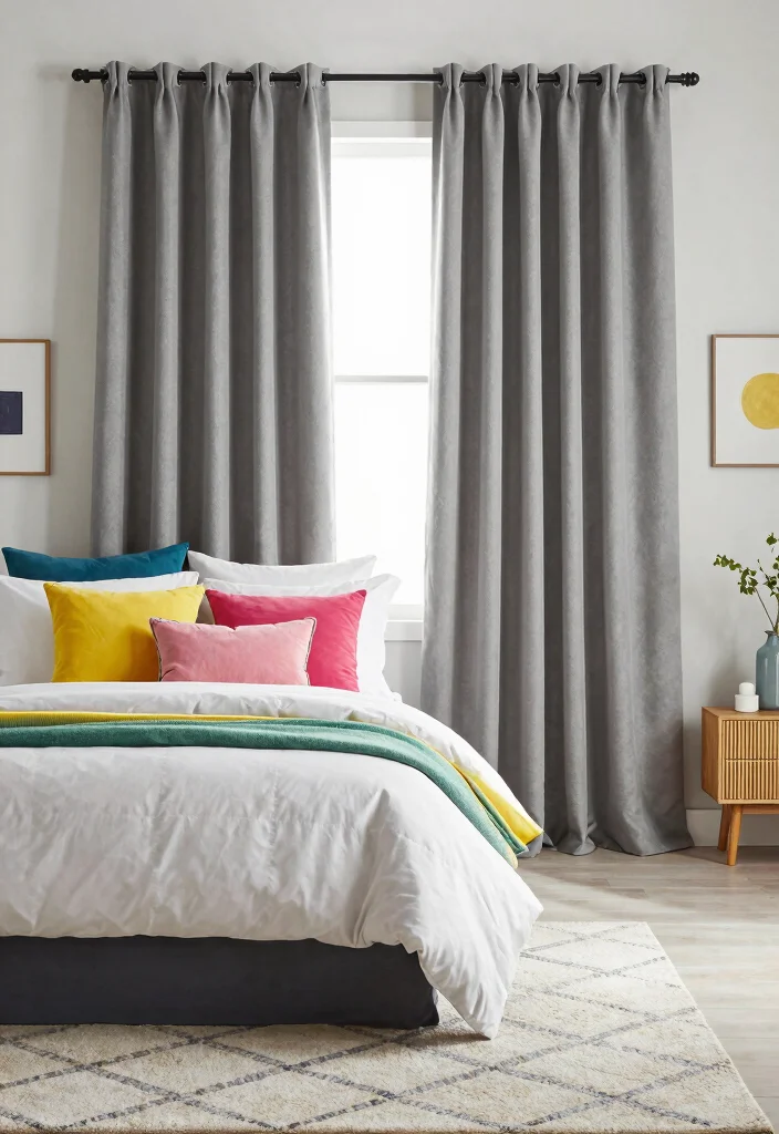 15 Gray Curtains Bedroom Ideas for a Neutral, Elegant Style - 9. Gray Curtains as a Backdrop for Colorful Accents 1