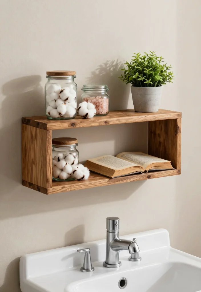 15 Shelf Above Bathroom Sink Ideas For Extra Storage - 1. Rustic Wooden Floating Shelf 1