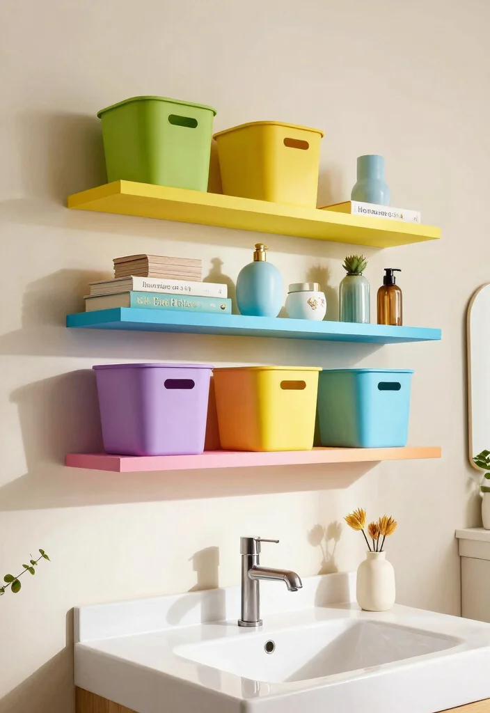 15 Shelf Above Bathroom Sink Ideas For Extra Storage - 11. Colorful Floating Shelves 1