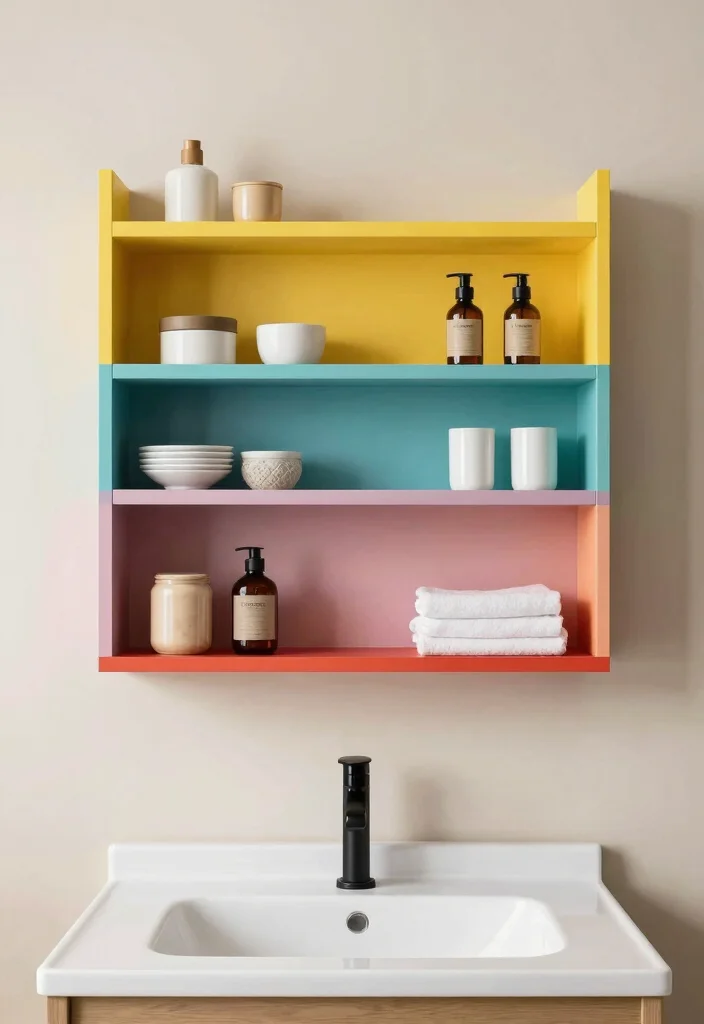 15 Shelf Above Bathroom Sink Ideas For Extra Storage - 14. Color-Block Shelves 1