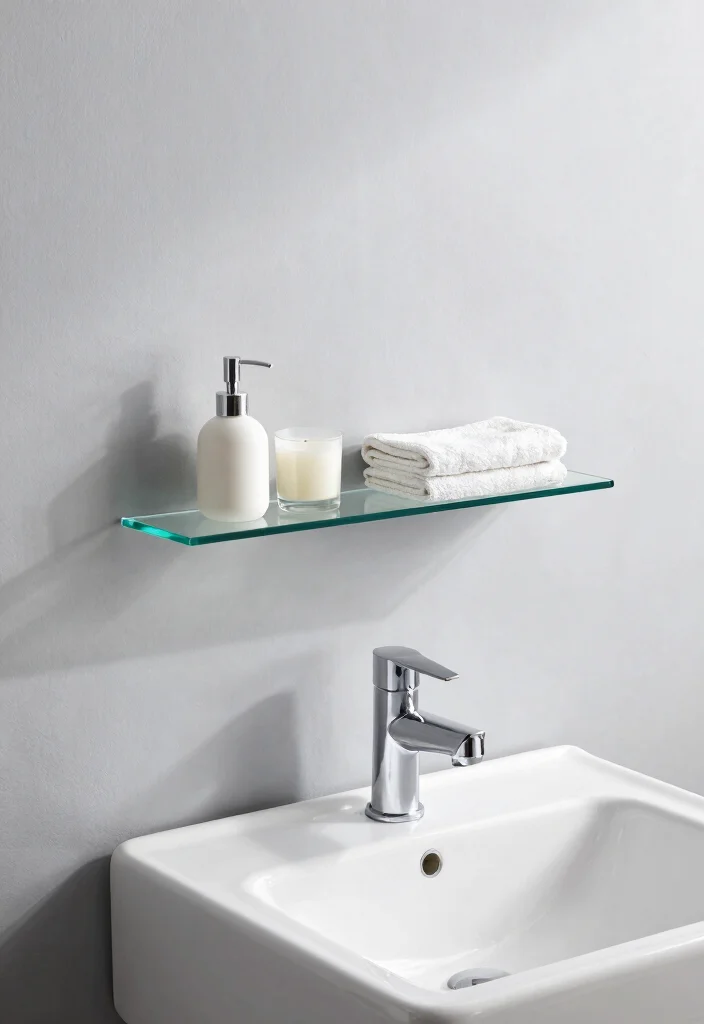15 Shelf Above Bathroom Sink Ideas For Extra Storage - 2. Minimalist Glass Shelf 1