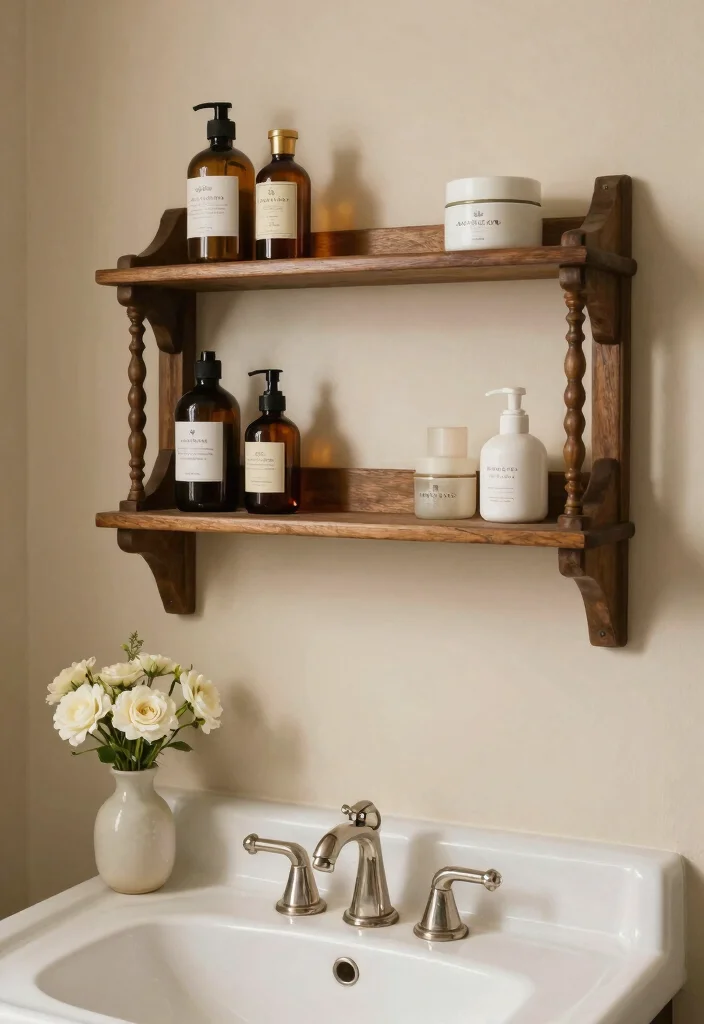 15 Shelf Above Bathroom Sink Ideas For Extra Storage - 9. Vintage Spindle Shelf 1