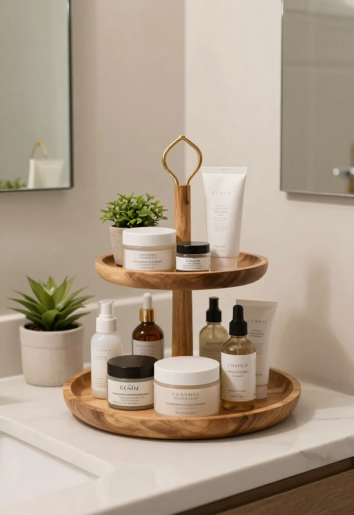 15 Small Bathroom Countertop Ideas That Maximize Space - 4. Tiered Trays for Easy Access 1