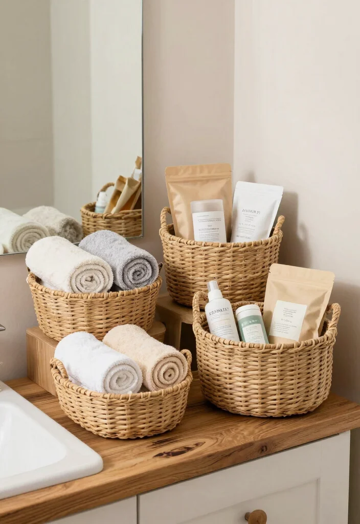 15 Small Bathroom Countertop Ideas That Maximize Space - 5. Use Natural Baskets for Storage 1