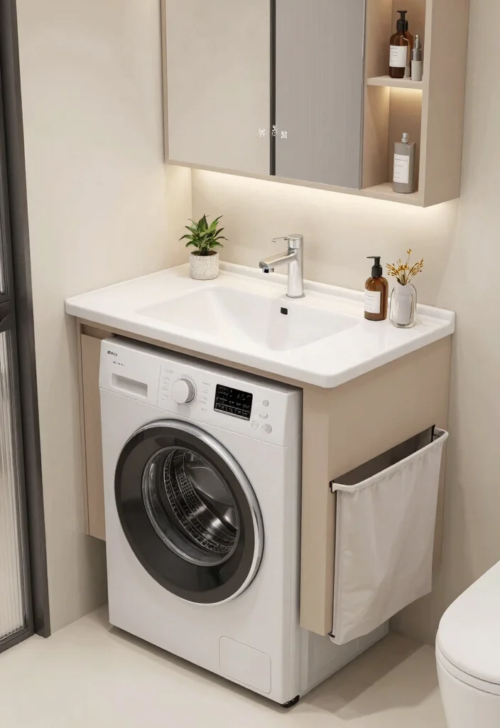 15 Small Bathroom Ideas With A Washing Machine Built In - 3. Multi-functional Vanity with Laundry Space 1