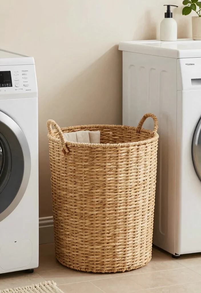15 Small Bathroom Ideas With A Washing Machine Built In - 9. Laundry Baskets That Double as Decor 1