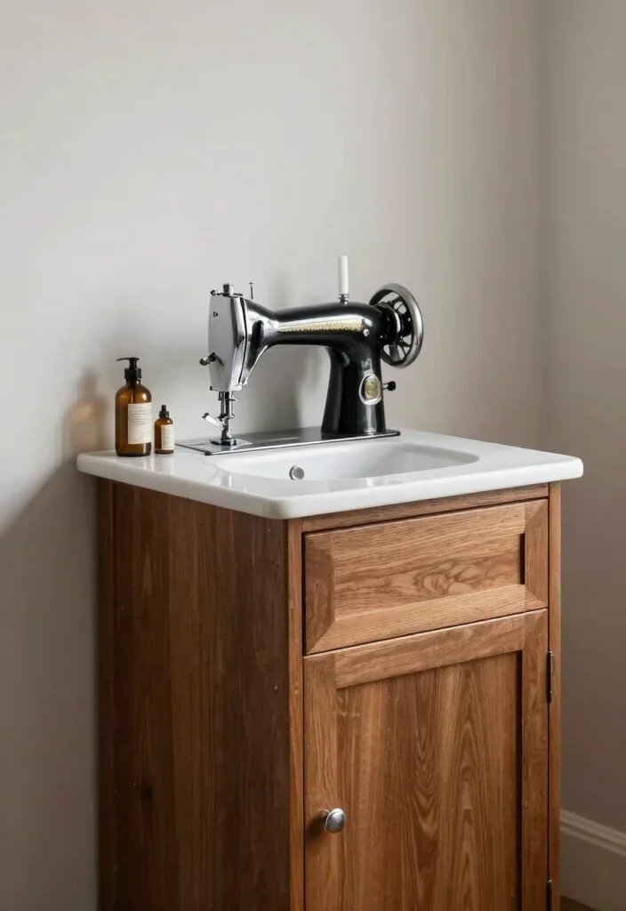 15 Upcycled Bathroom Vanity Ideas With Creative Charm - 11. Vintage Sewing Machine Base Vanity 1