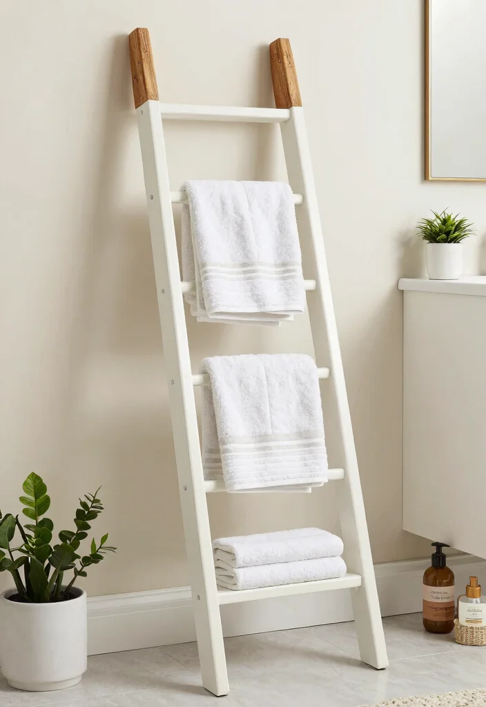 15 Upcycled Bathroom Vanity Ideas With Creative Charm - 7. Ladder Shelf Vanity 1