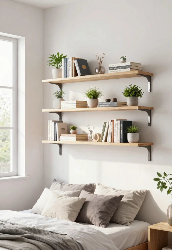 15 Wall Closet Ideas for Smart Hidden Storage in Small Bedrooms - 2. Floating Shelves for Open Storage 1