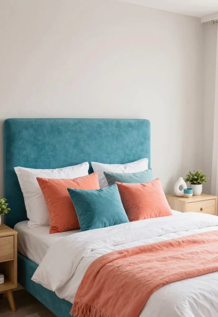 16 Blue Headboard Bedroom Color Combos Stylish Pairings - 12. Teal Blue and Soft Coral 1