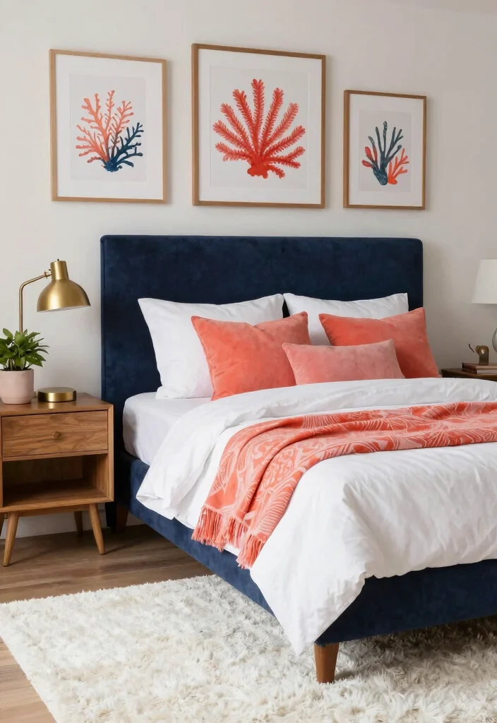 16 Blue Headboard Bedroom Color Combos Stylish Pairings - 2. Deep Navy and Coral Accents 1