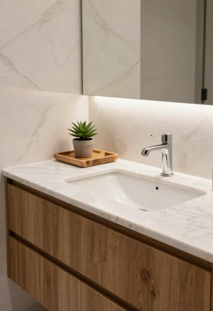 16 Marble Vanity Bathroom Ideas With Luxury Appeal - 10. Marble and Wood Fusion 1